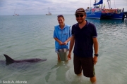 Nicolas donne à manger à "Picollo", une femelle grand dauphin de 21 ans, sur la plage de Monkey Mia